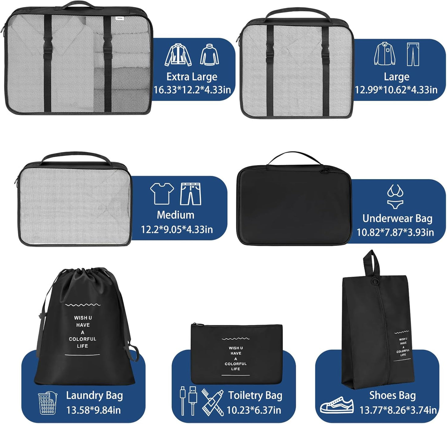 Nylon Packing Cubes Large Capacity Travel Organizer Set 7 Piece